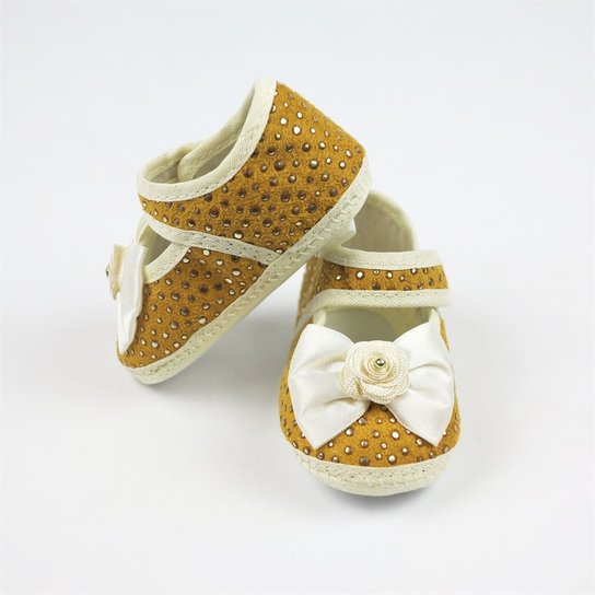 Sapato Bebê Feminino Mostarda e Dourado-P - Mostarda