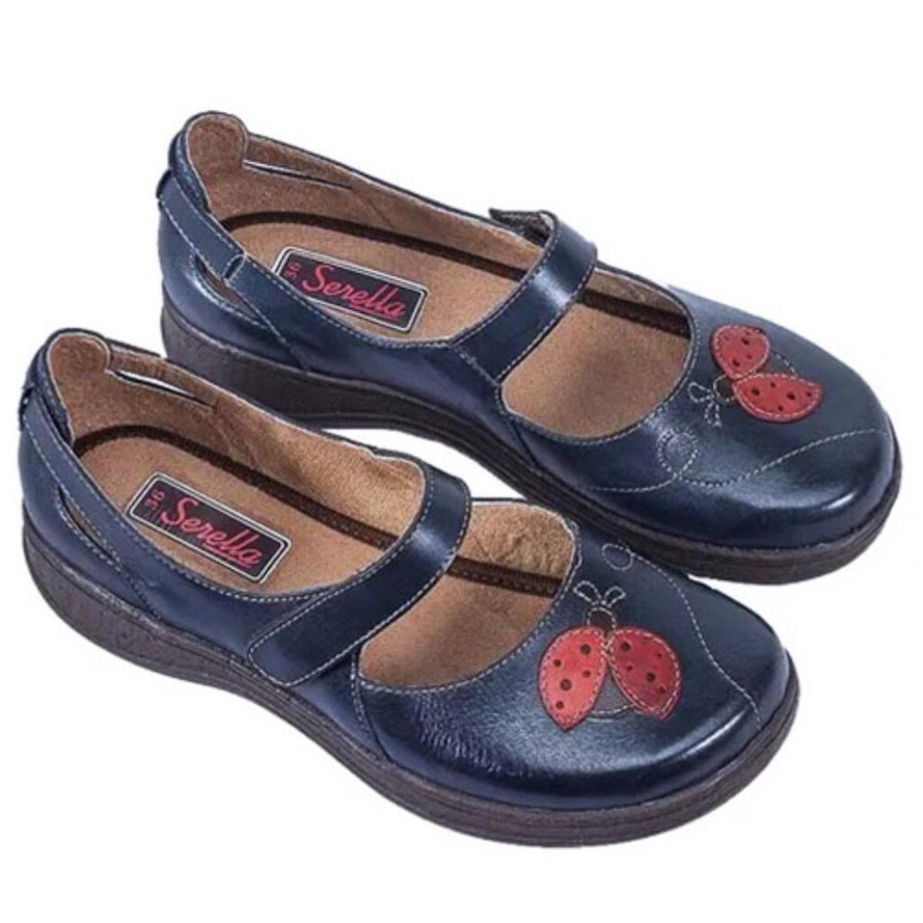 Sapato Boneca Couro Feminino Bordado Aplique Joaninha Casual