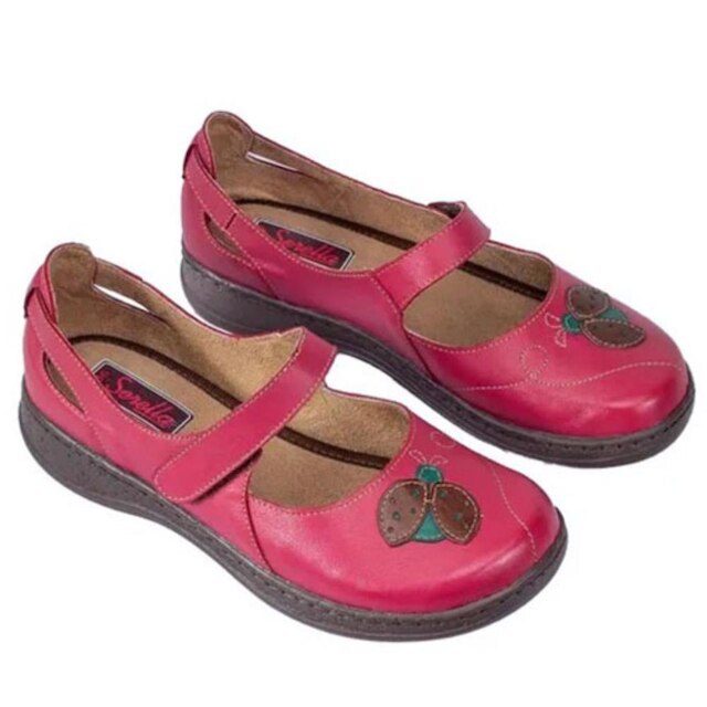 Sapato Boneca Couro Feminino Bordado Aplique Joaninha Casual
