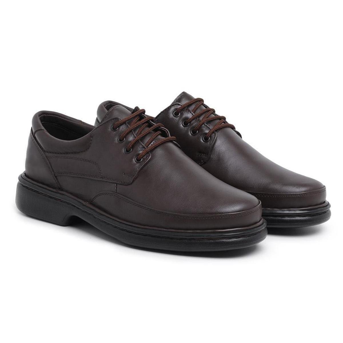 Sapato Casual Conforto Masculino de Couro Liso com Cadarço e Bico Redondo Menor preço em Sapato Casual Conforto Masculino de Couro Liso com Cadarço e Bico Redondo
