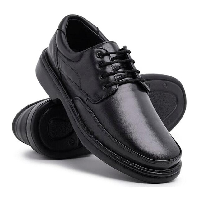 Sapato Casual Conforto Masculino de Couro Liso com Cadarço e Bico Redondo