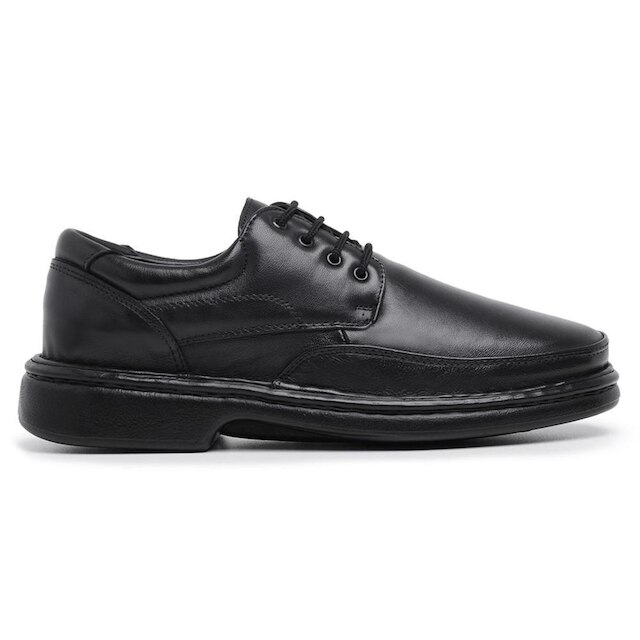 Sapato Casual Conforto Masculino de Couro Liso com Cadarço e Bico Redondo