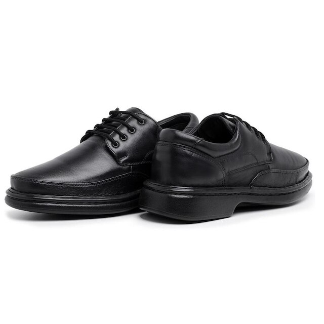 Sapato Casual Conforto Masculino de Couro Liso com Cadarço e Bico Redondo