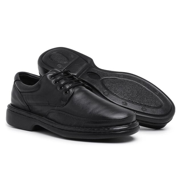 Sapato Casual Conforto Masculino de Couro Liso com Cadarço e Bico Redondo