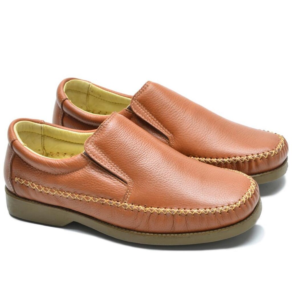 Sapato Casual em Couro Costura Manual Masculino com Elástico e Sola Borracha