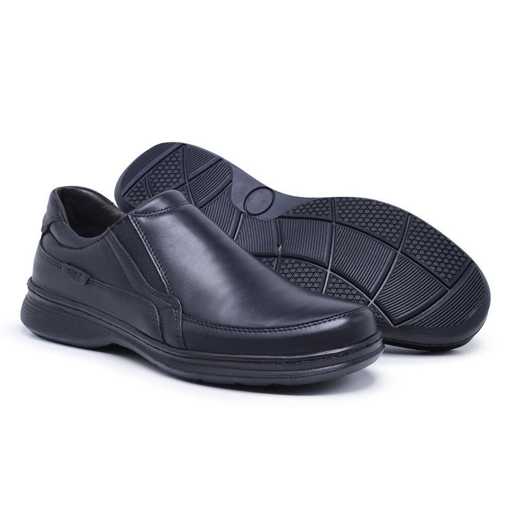 Sapato Casual em Couro Masculino Liso com Elástico e Sola em Borracha