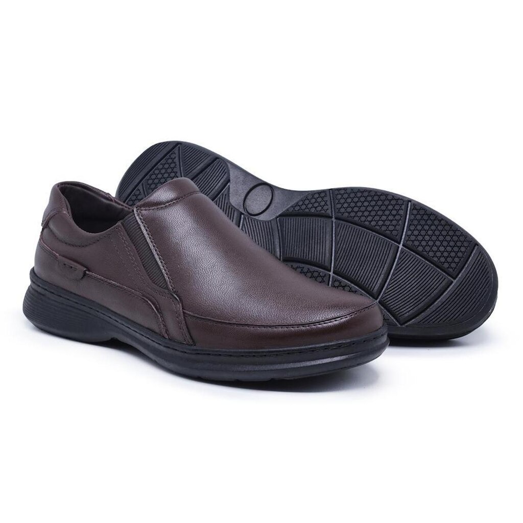 Sapato Casual em Couro Masculino Liso com Elástico e Sola em Borracha