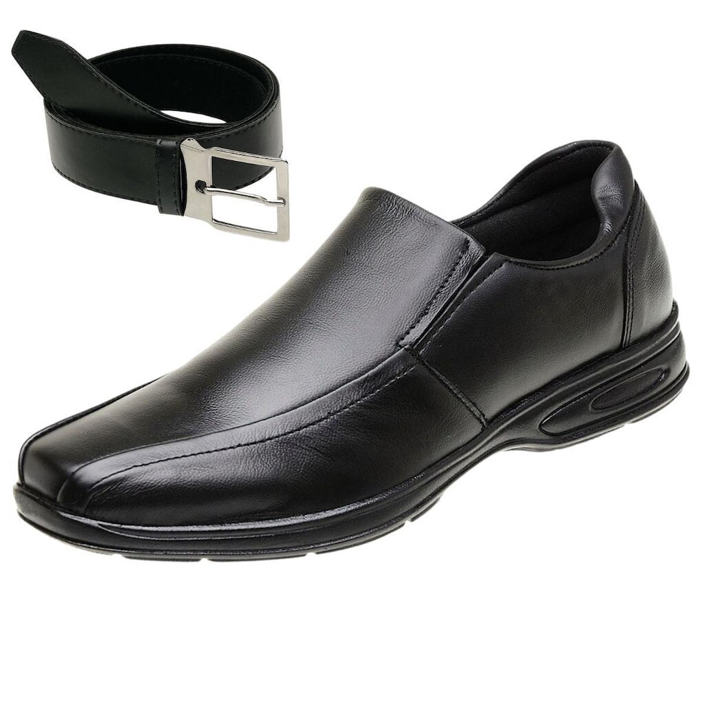 Sapato Casual Masculino em Couro Legítimo Moderno Ortopédico Macio + Cinto Social