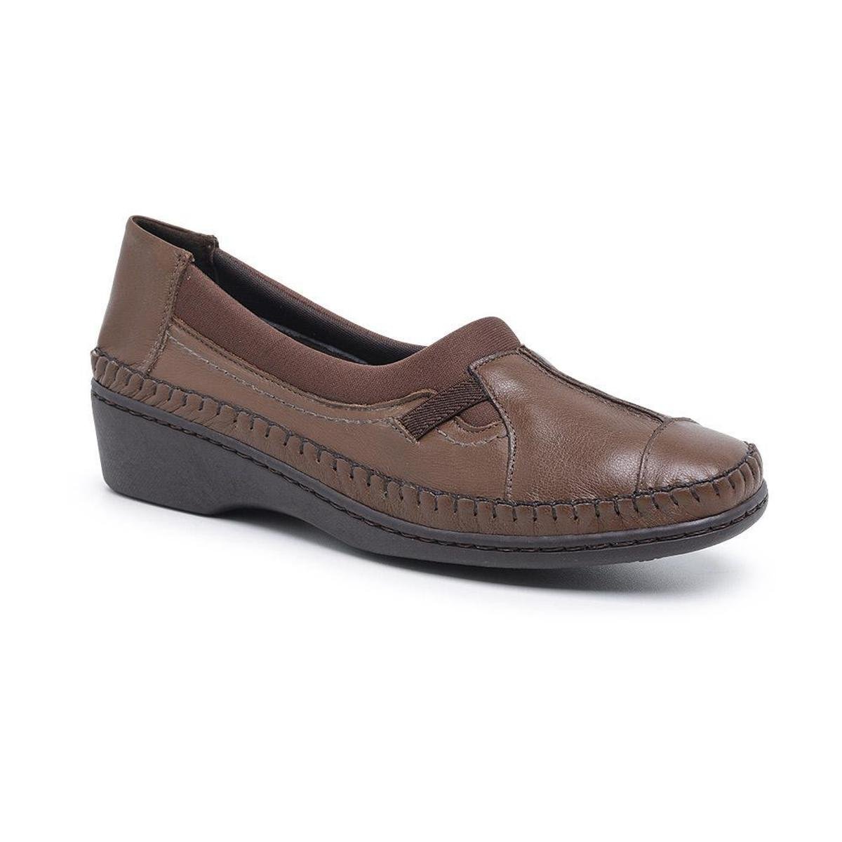 Sapato Conforto Sapatilha Feminino de Couro com Recortes e Elastico - Marrom Menor preço em Sapato Conforto Sapatilha Feminino de Couro com Recortes e Elastico - Marrom
