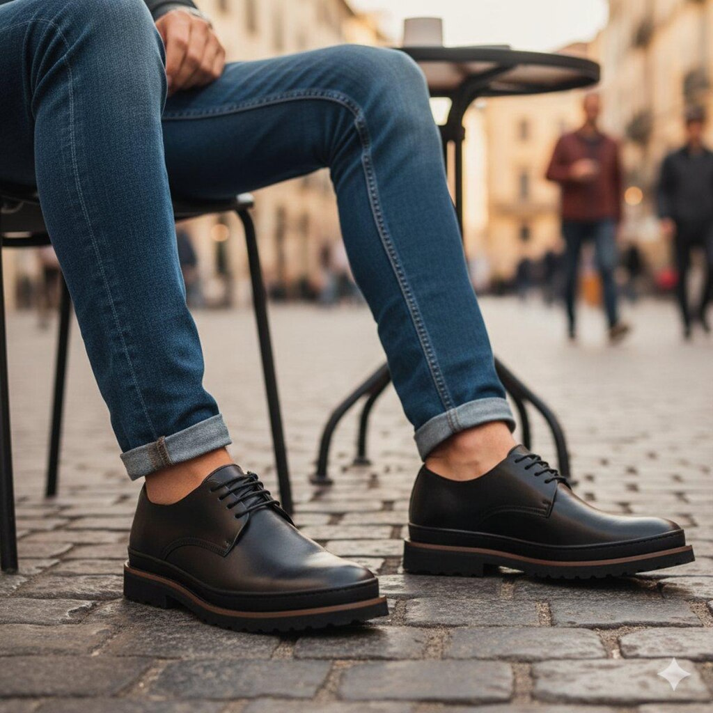 Sapato Derby em Couro Legítimo Premium de Luxo Estilo Tratorado
