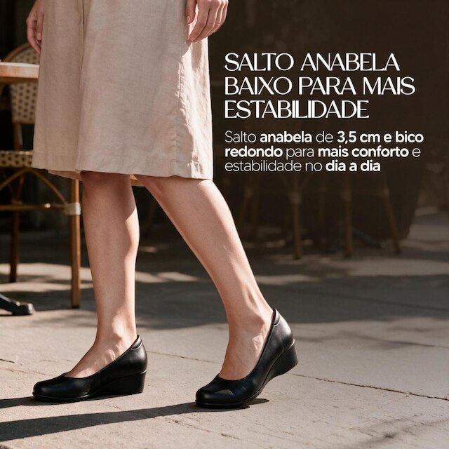 Sapato Feminino Benévola Ultraconforto Anabela Salto Baixo Napa Strech Palmilha Macia Antiderrapante