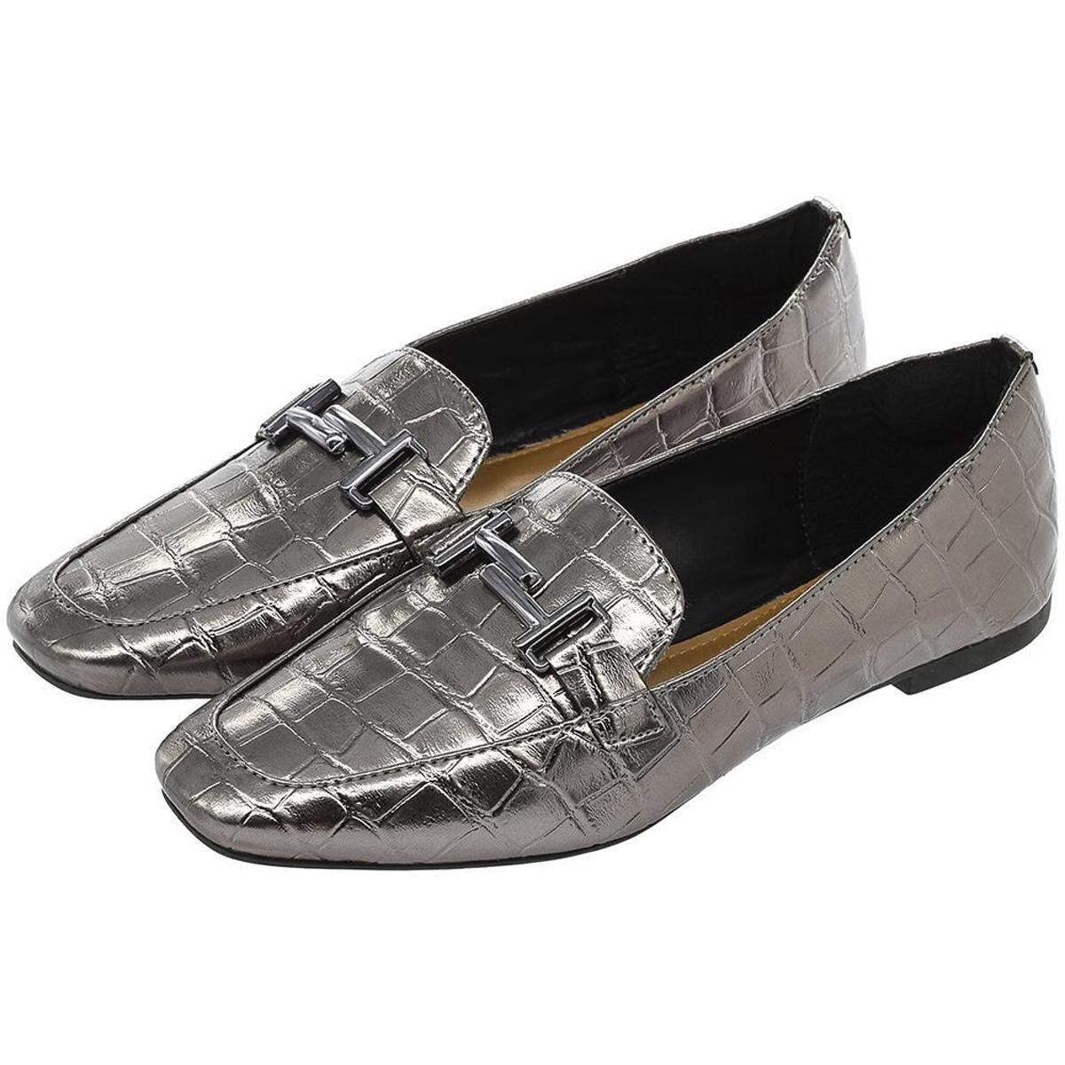 Sapato Feminino Mocassim Donatella Shoes Bico Quadrado Confort - Prata+Grafite Menor preço em Sapato Feminino Mocassim Donatella Shoes Bico Quadrado Confort - Prata+Grafite