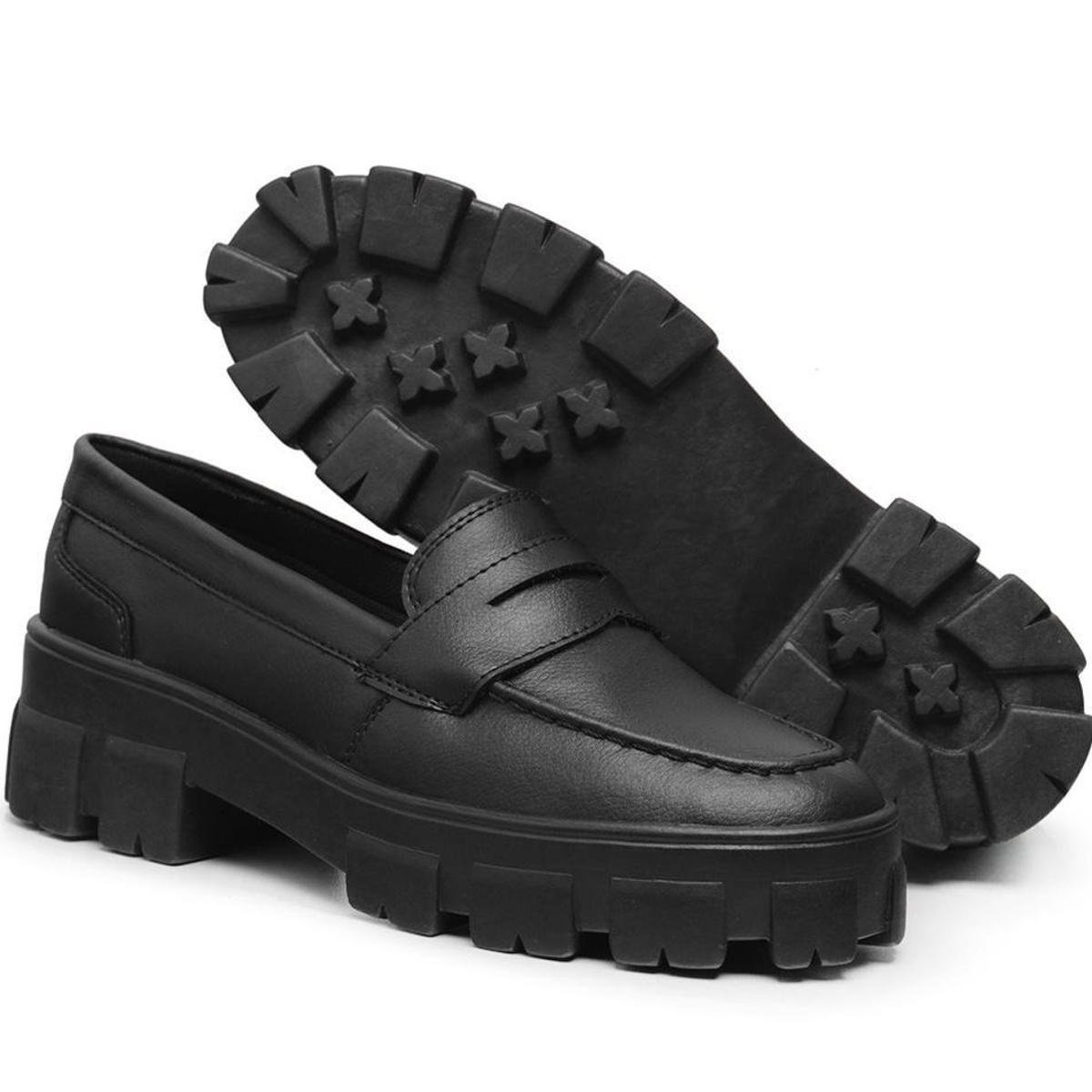 Sapato Feminino Mocassim Oxford Sola Tratorada - Preto Menor preço em Sapato Feminino Mocassim Oxford Sola Tratorada - Preto