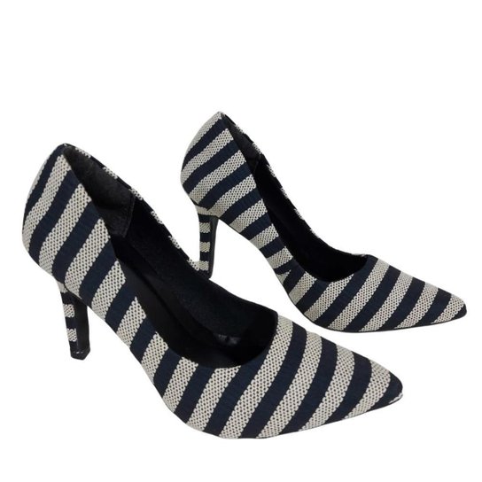 Sapato Social Sapato Listrado Preto E Branco Feminino Salto Grosso