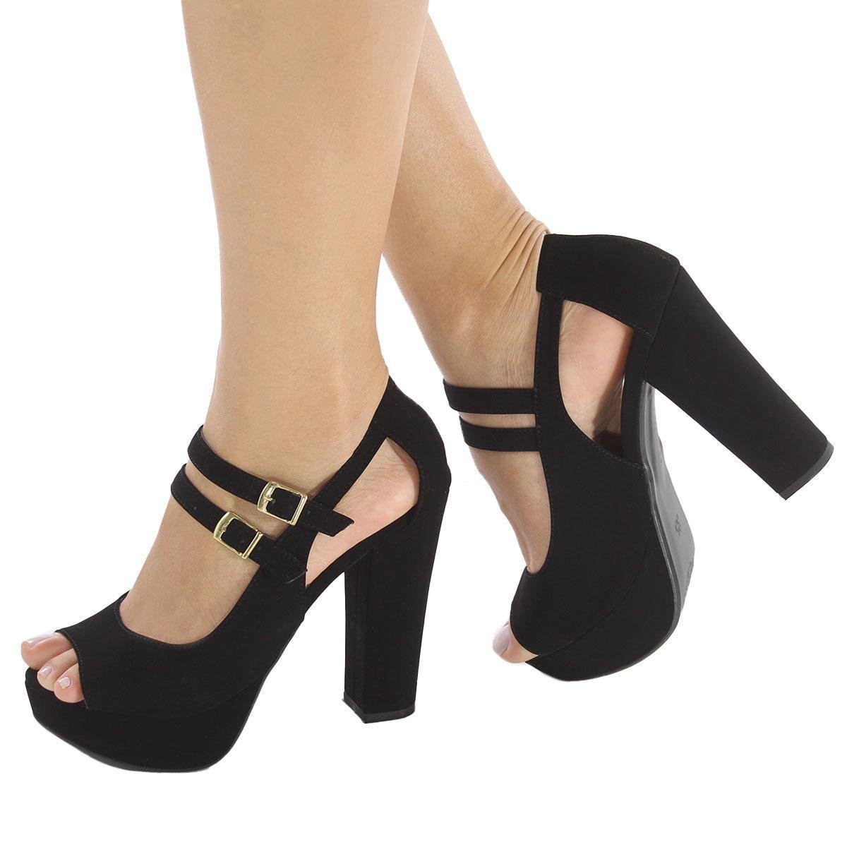 SAPATO FEMININO SANDÁLIA MEIA PATA SALTO GROSSO PRETO ER129