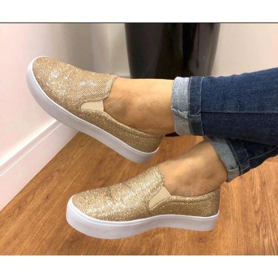 Sapato Feminino Slip On Tenis Calce Facil Confortavel Glitter