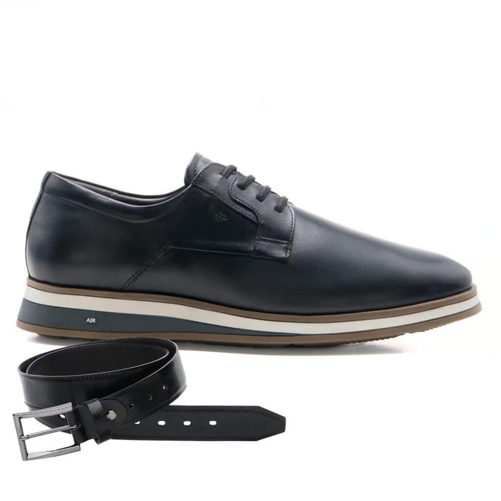 Sapato Jota Pe Casual Preto Em Couro + Cinto Navagio 84906