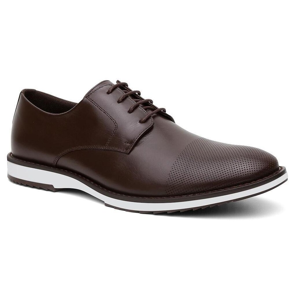 Sapato Masculino Derby Couro Bico Redondo Cadarço Casual