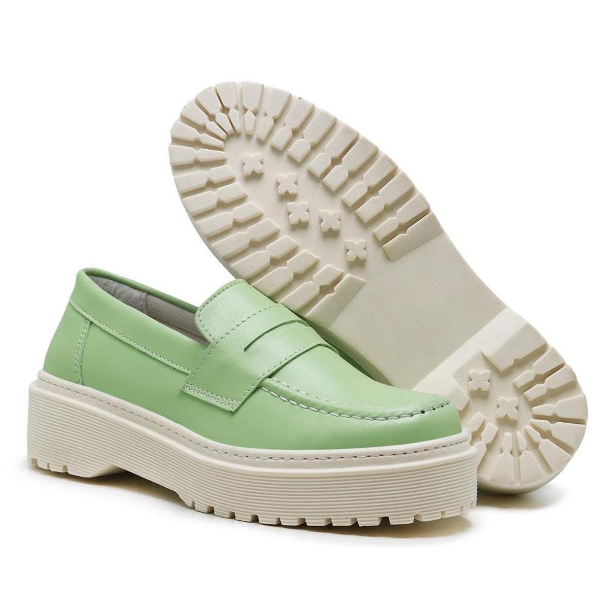 Sapato Mocassim Feminino Oxford Plataforma - Verde Menor preço em Sapato Mocassim Feminino Oxford Plataforma - Verde