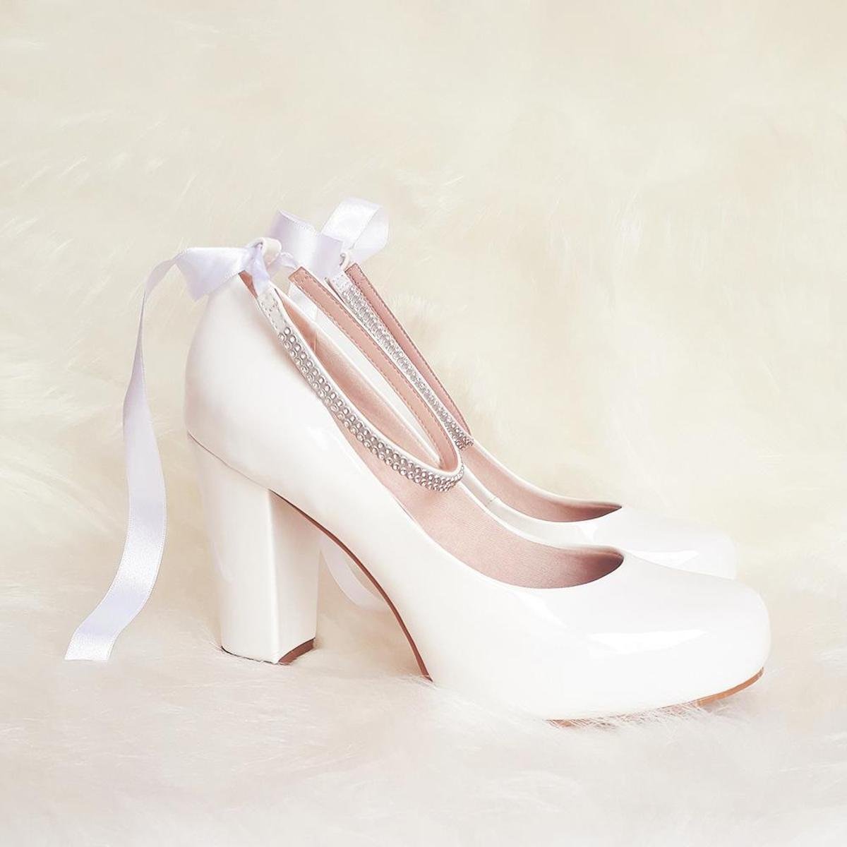 Sapato Noiva Casamento Branco Boneca Salto Grosso Meia Pata - Branco |  Zattini