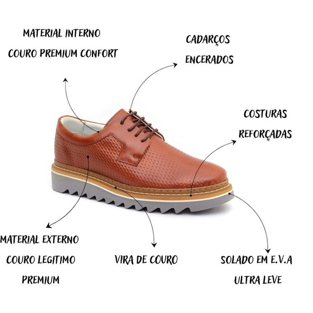 Sapato Oxford Masculino Derby Tratorado Couro Premium Tricê