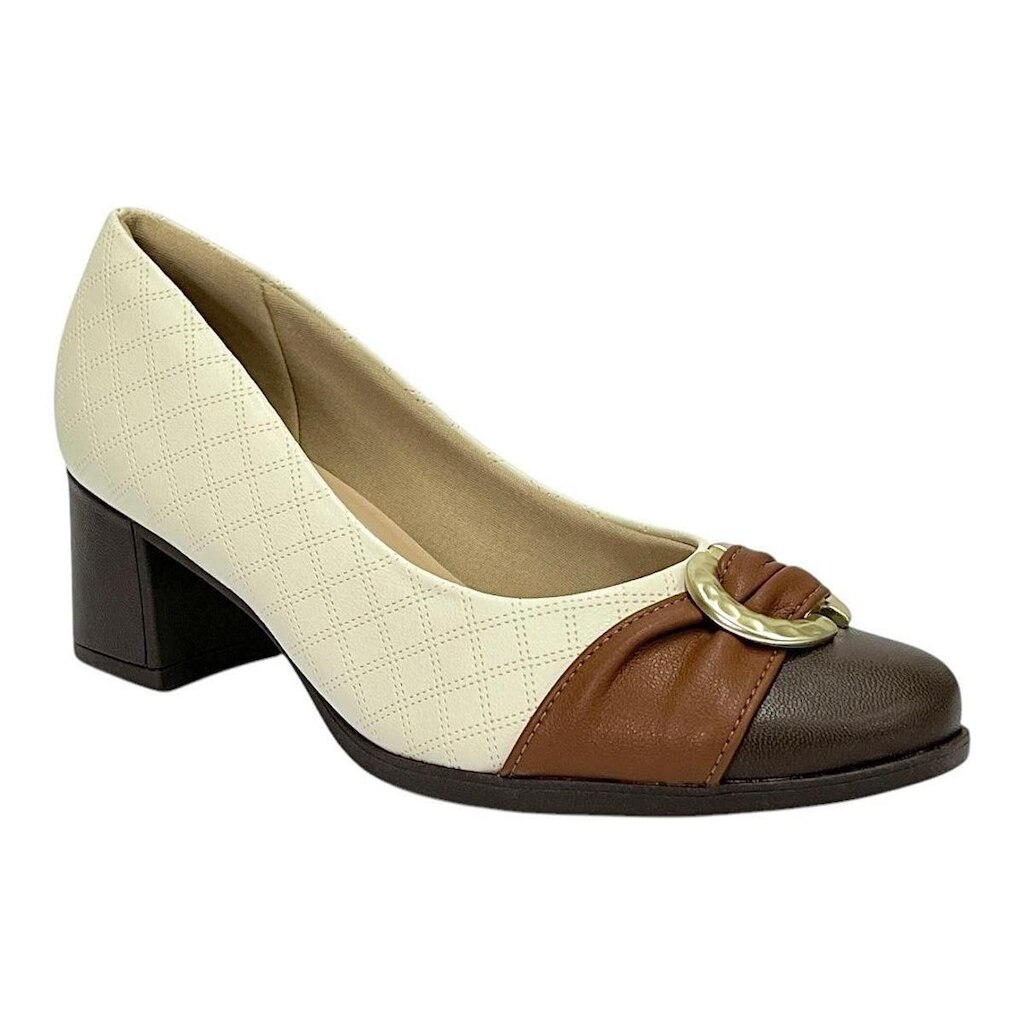 Sapato Piccadilly Scarpin Danubia Salto Médio 654064 Off White/Marrom