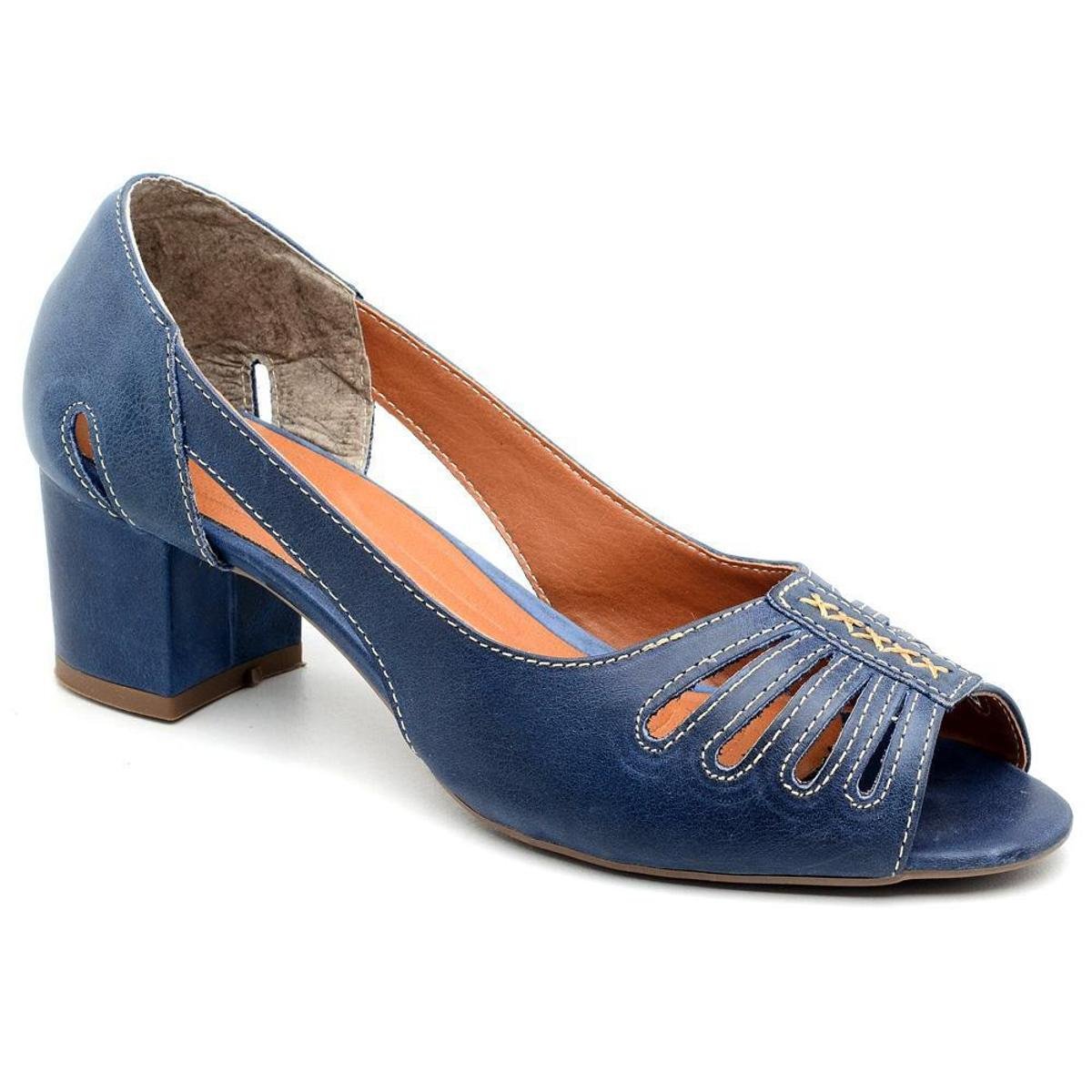 Sapato Sandalia Casual Feminino Couro Salto Baixo Bico Aberto