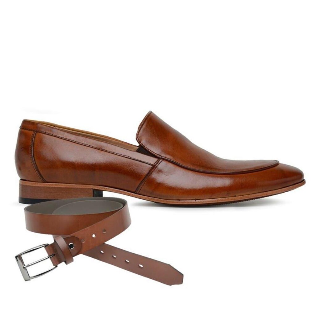 Sapato Social Caramelo Em Couro + Cinto 045885