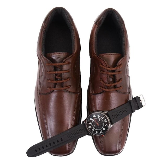Sapato Social Couro Elegante Casual Conforto Preto + Relógio
