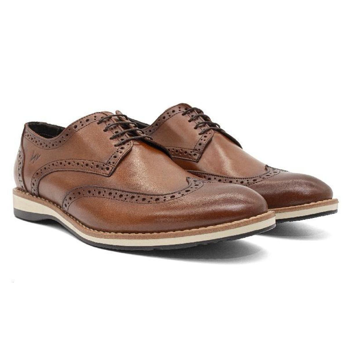 Sapato Social Couro Oxford Brogue Masculino Reforçado Design Italiano Confortável - Marrom Claro Menor preço em Sapato Social Couro Oxford Brogue Masculino Reforçado Design Italiano Confortável - Marrom Claro