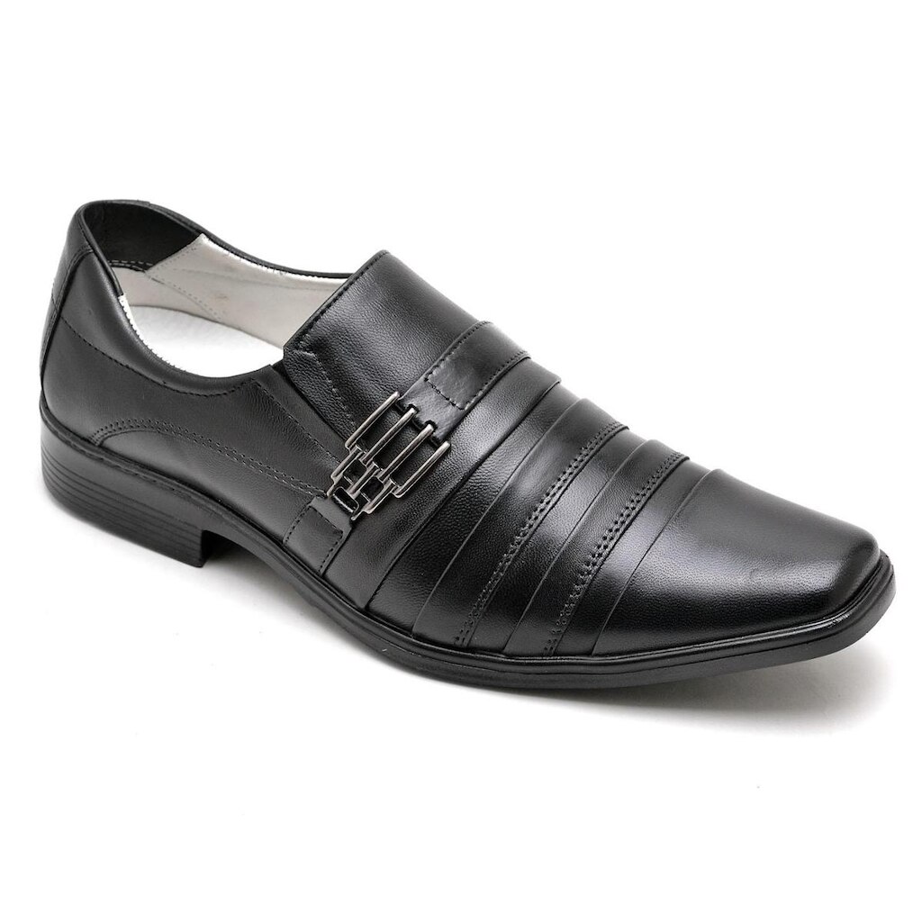 Sapato Social Masculino Couro Conforto Ortopédico Anti Stress Calce Fácil Elástico Detalhe Metal