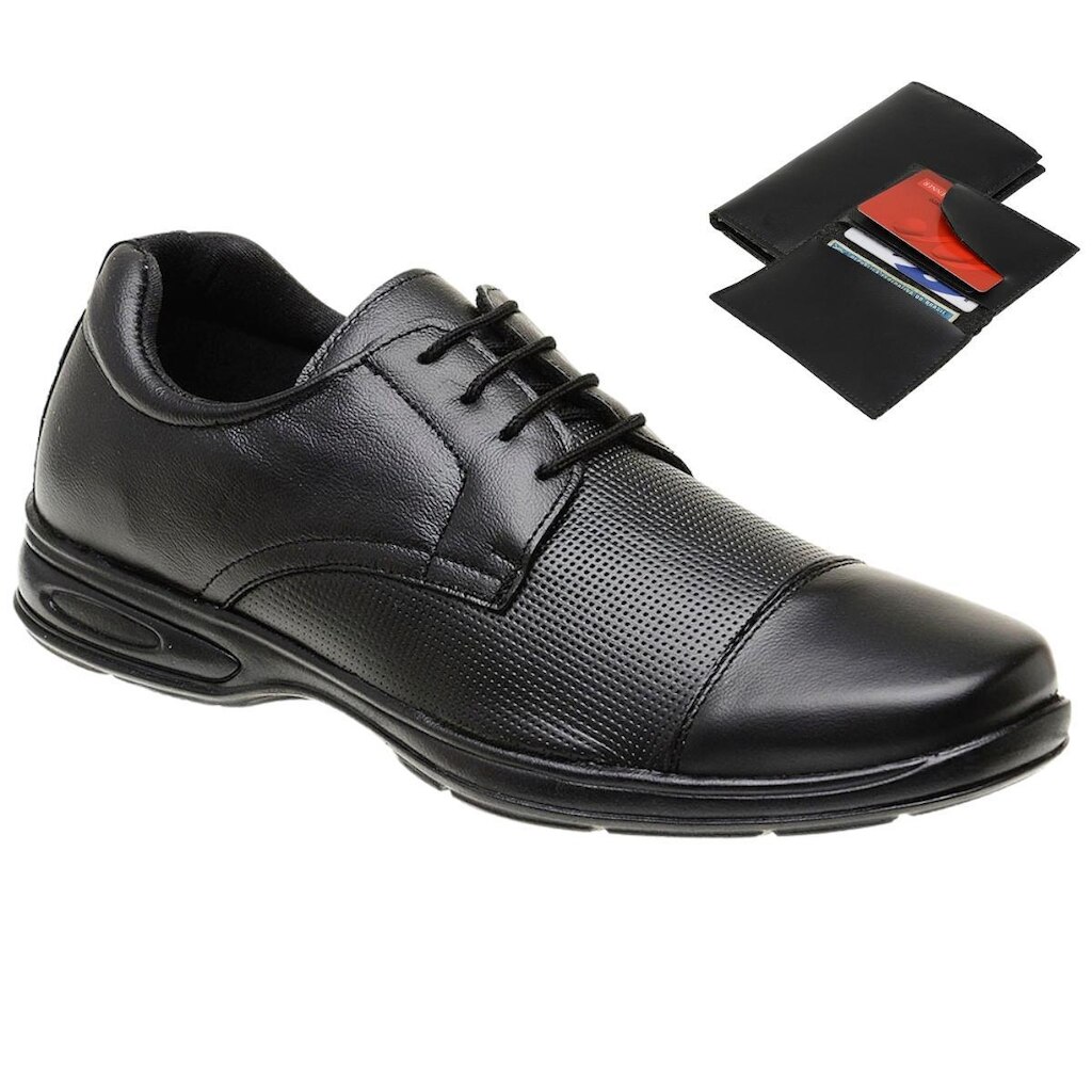 Sapato Social Masculino de Couro Casual Ortopédico com Cadarço de Amarrar + Carteira