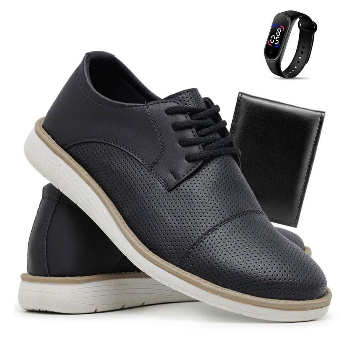Sapato Social Masculino Oxford Brogue De Couro Macio Costurado + Relógio e Carteira - Preto Menor preço em Sapato Social Masculino Oxford Brogue De Couro Macio Costurado + Relógio e Carteira - Preto