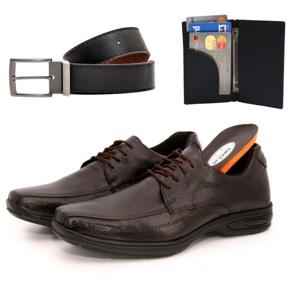 Sapato Social Masculino Preto e Conforto Couro Animal + Cinto e Carteira Masculina