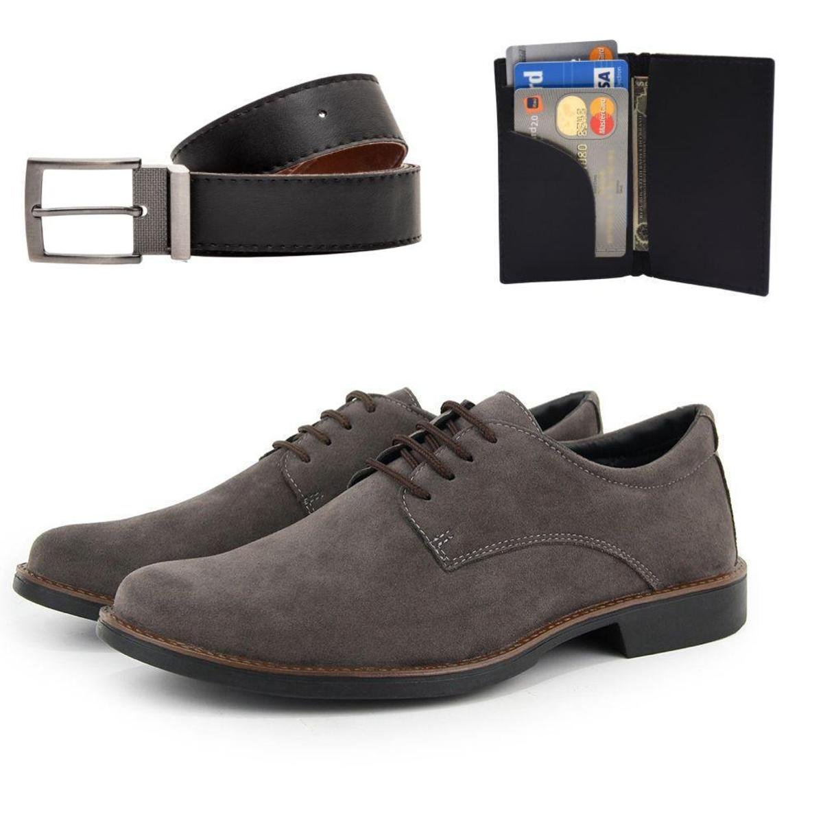 Sapato Social Oxford Masculino Camurça Confortável Macio + Cinto e Carteira masculina - Cinza Menor preço em Sapato Social Oxford Masculino Camurça Confortável Macio + Cinto e Carteira masculina - Cinza