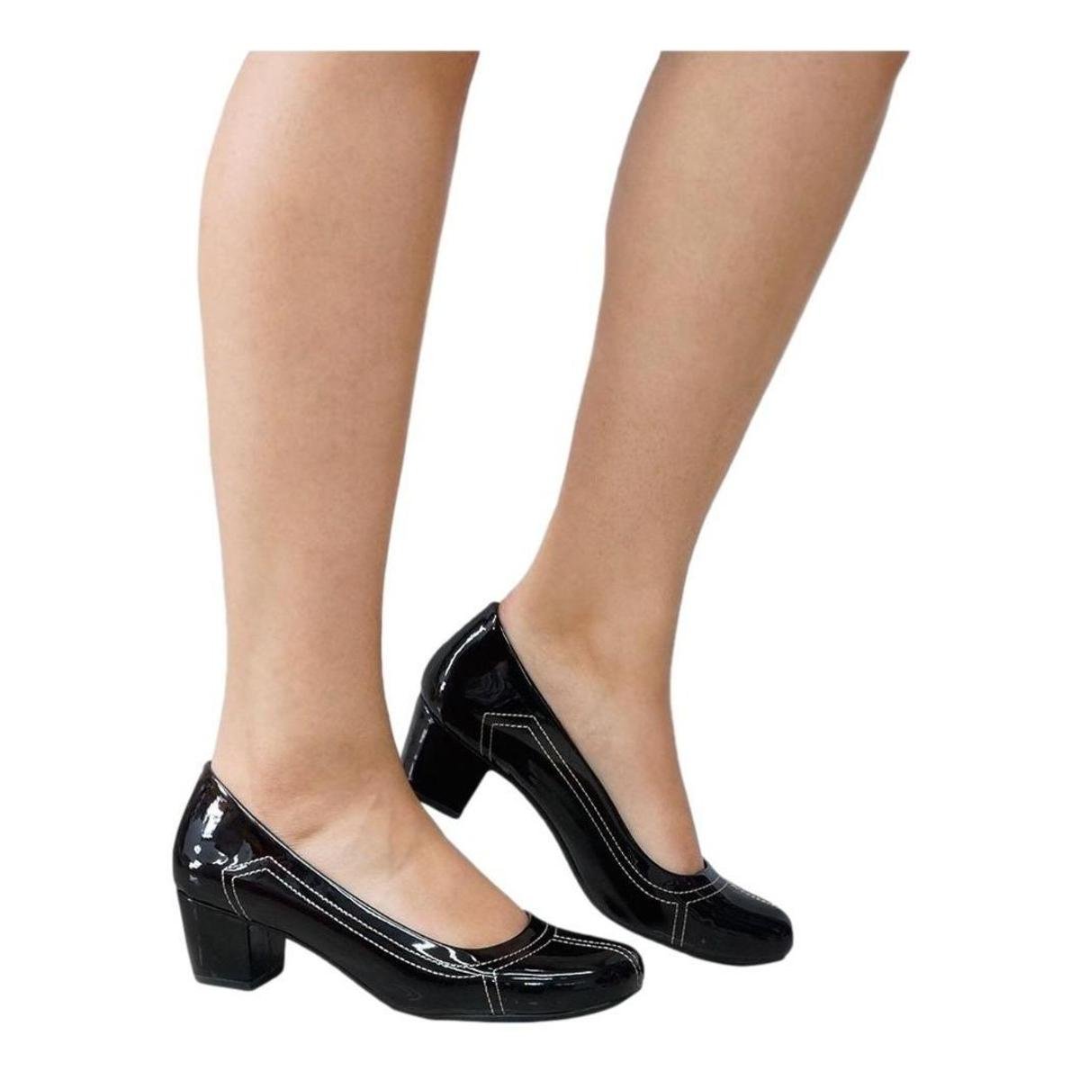 Salto Baixo Sapato Fechado Preto Salto Grosso Sapato Fechado