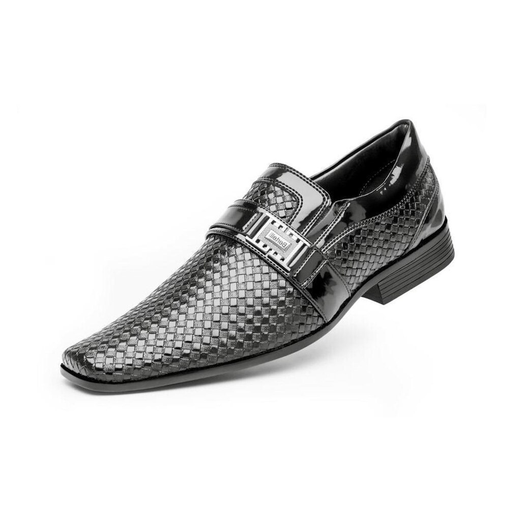 Sapato Social Verniz Texturizado Masculino Bico Quadrado Forrado Salto Baixo Quadrado