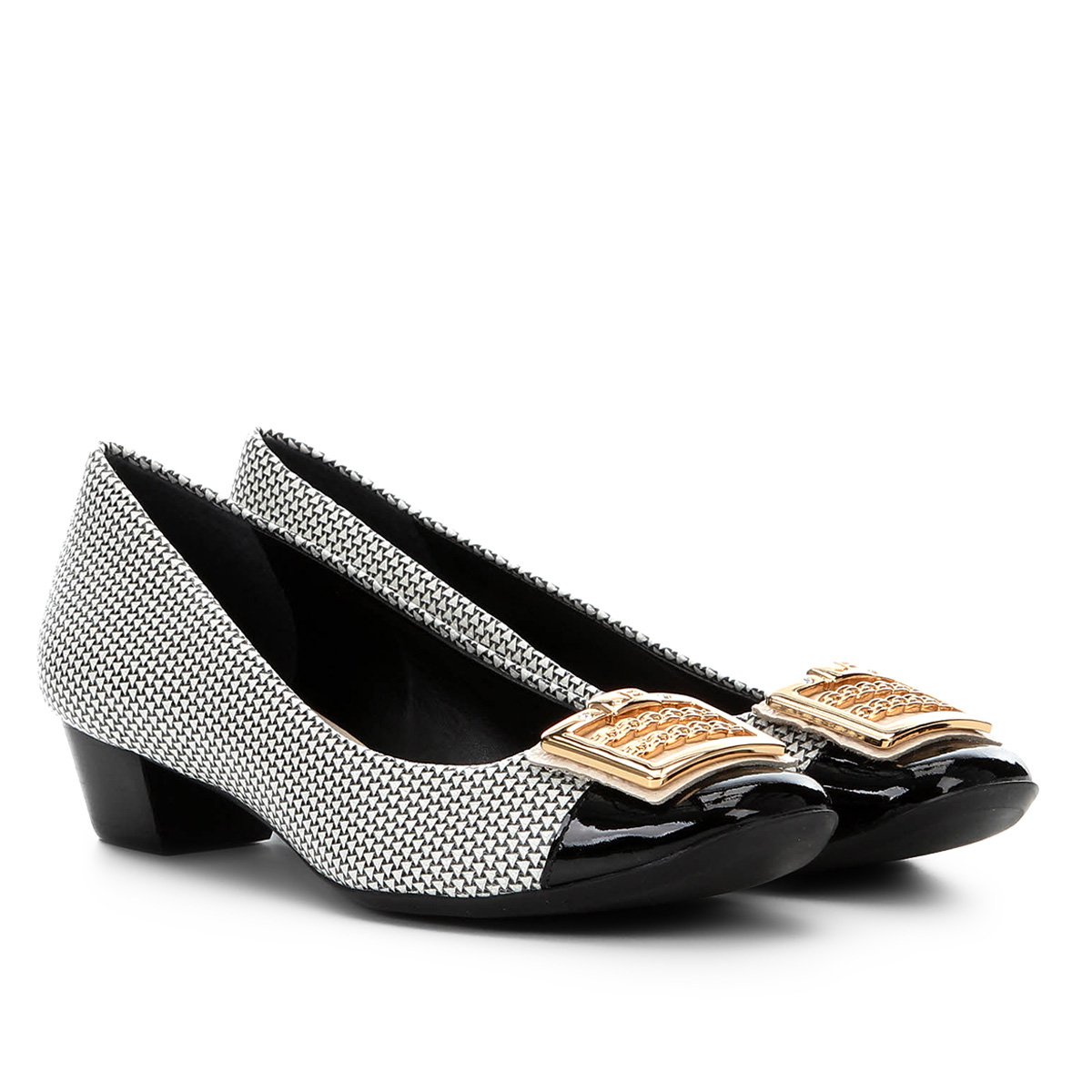 Scarpin Couro Jorge Bischoff Boneca Bico Redondo Salto Baixo - Branco+Preto  | Zattini