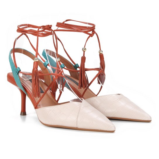 Scarpin Couro Jorge Bischoff Chanel Salto Médio Amarração - Off White
