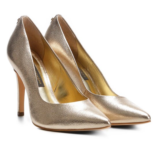 Scarpin Couro Jorge Bischoff Salto Alto Metalizado - Ouro