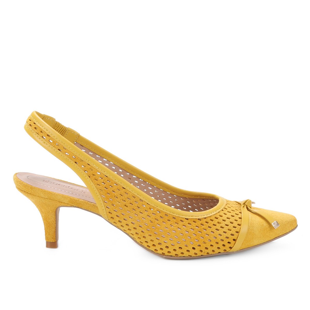 Scarpin Couro Shoestock Camurça Slingback Salto Médio - Amarelo Menor preço em Scarpin Couro Shoestock Camurça Slingback Salto Médio - Amarelo