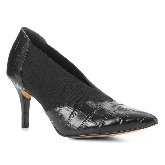 Scarpin Couro Shoestock High Vamp Croco Elástico - Preto