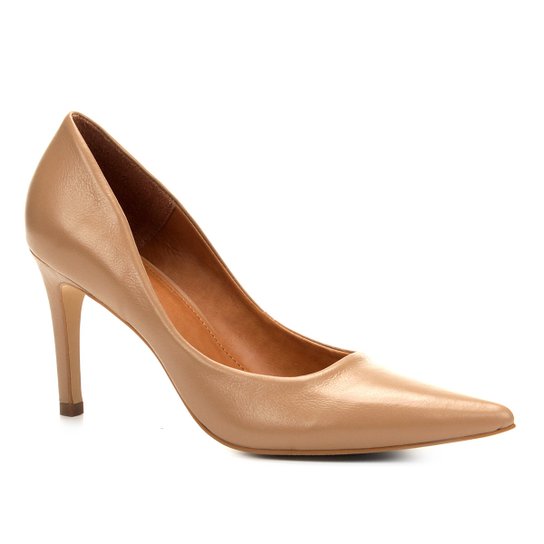 Scarpin Couro Shoestock Salto Alto Bico Fino - Bege