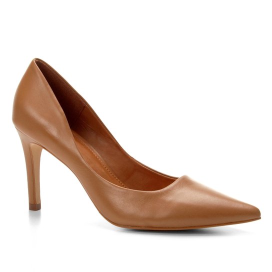 Scarpin Couro Shoestock Salto Alto Bico Fino - Caramelo