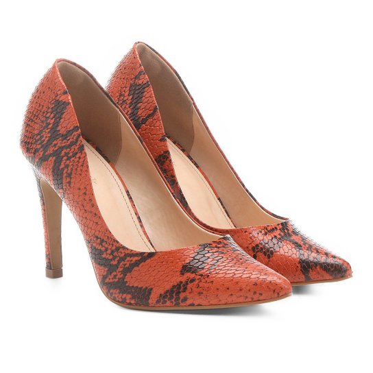 Scarpin Couro Shoestock Salto Alto Cobra - Laranja