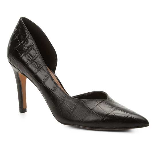 Scarpin Couro Shoestock Salto Alto Croco High Vamp - Preto