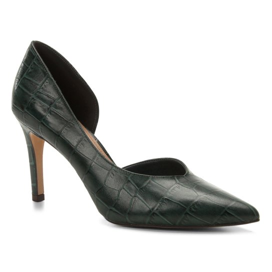 Scarpin Couro Shoestock Salto Alto Croco High Vamp - Verde