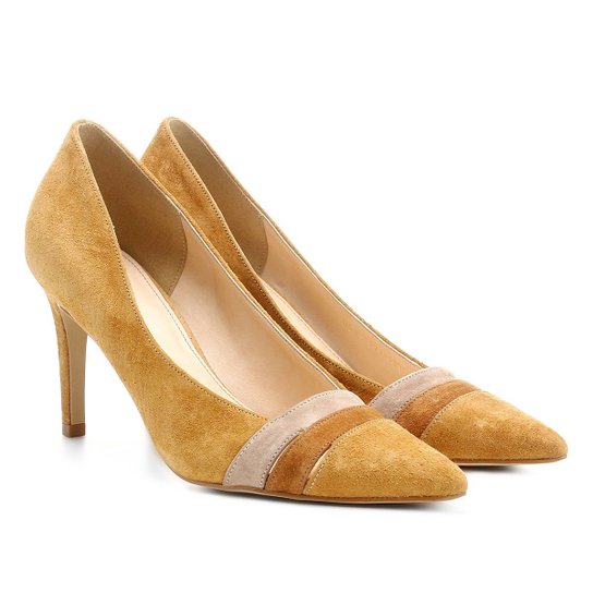 Scarpin Couro Shoestock Salto Alto Mix Colors - Caramelo