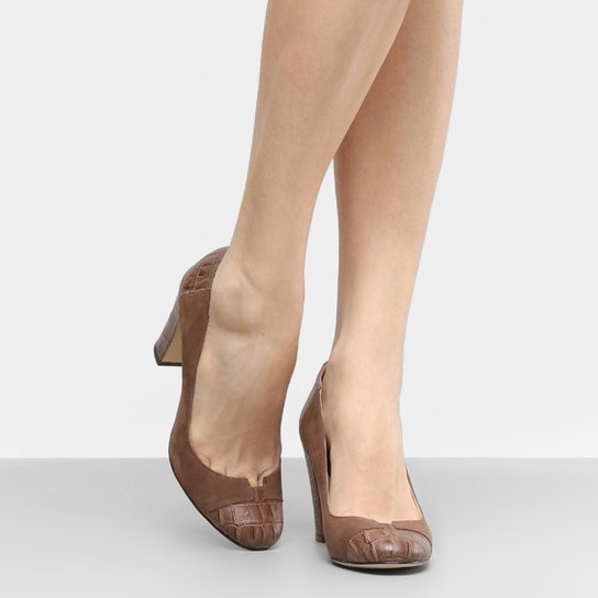 Scarpin Couro Shoestock Salto Alto Mix Croco - Marrom-Claro