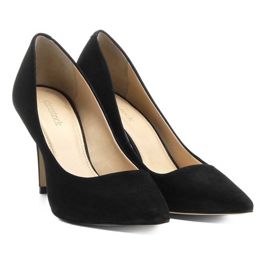 Scarpin Couro Shoestock Salto Alto Nobuck - Preto